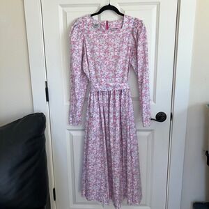 Vintage 80s Laura Ashley Long Sleeve Pink Floral Cotton Midi Dress Size 12